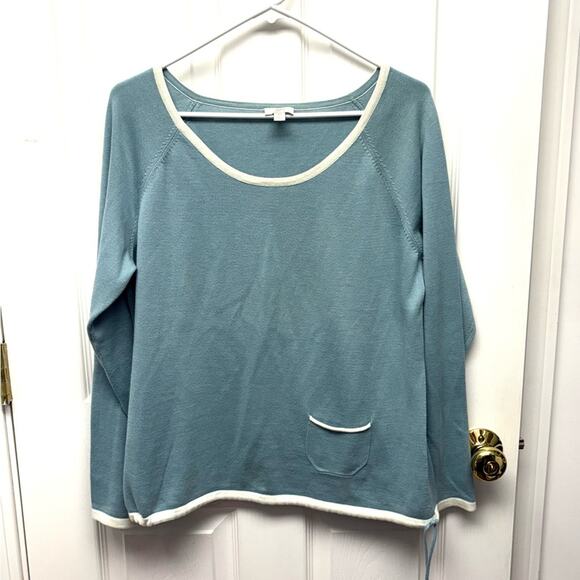 J Jill Aqua Blue Sweater Drawstring Pullover Vintage Crew Neck, Size MP - Picture 1 of 7